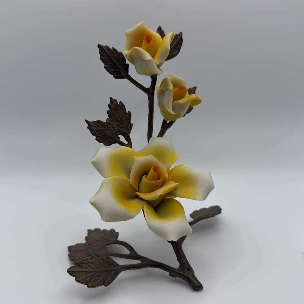 Vintage Capodimonte Porcelain Yellow Roses Brass Leaves Granny Coquette Decor